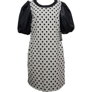 NWT New York & Company Polka Dot Printed Vegan Leather Puffer Sleeve Shift Dress